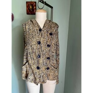 Effeci Yellow Black White Long Sleeve Black Buttons Hooded Cardigan Medium